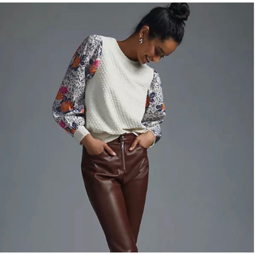 Anthropologie Porridge Textured Floral Balloon Sleeve Boho Sweatshirt Top Small